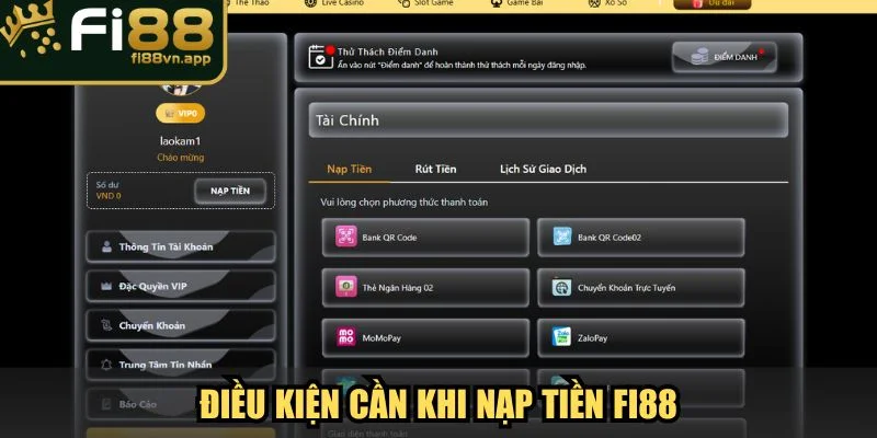 Điều kiện cần khi nạp tiền Fi88
